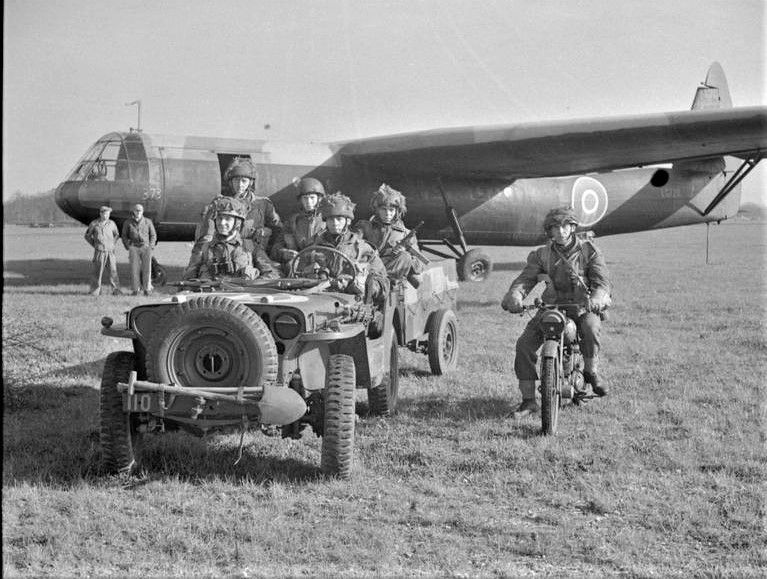 THE BRITISH ARMY IN THE UNITED KINGDOM 1939-45 (H 37694) A Jeep And Motorcycle Unloaded From A Horsa Glider During A Large-scale Airborne Forces Exercise, 22 April 1944. Copyright: © IWM. Original Source: Http://www.iwm.org.uk/collections/item/object/205201701